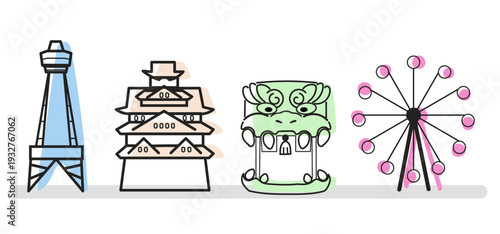 大坂の観光-手描きベクターイラスト