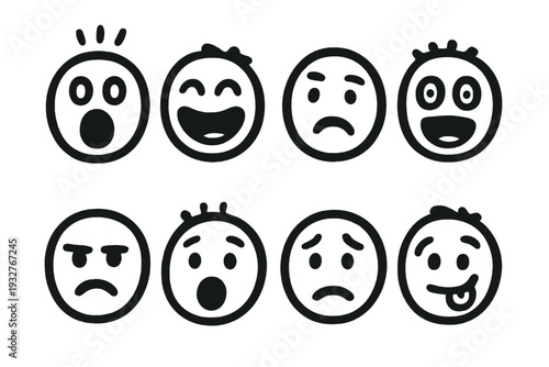 Comedic Doodle Reaction Faces. Comedic Reaction Faces in Doodle Style. Filled icon set of Comedic Reaction