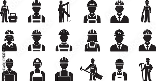Set of Black Worker Icons. Industrial Professions and Laborers Vector Collection. isolated PNG with Transparent Background