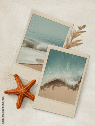 Beach Memories with Instant Photos and Starfish, AI generative