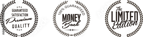 Three circular logos with laurel wreaths and text