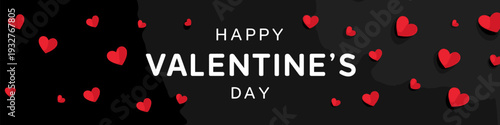 White handwritten Happy Valentines Day text surrounded by red hearts on a black background. Happy Valentines Day greeting text with red hearts