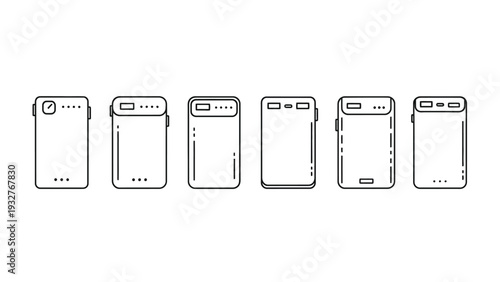 A collection of six portable power bank vector illustrations showcasing various designs and charging indicators, perfect for modern technology and mobile device graphics.