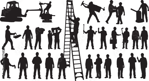 Big Set of Isolated Black Vector Silhouettes: Construction Workers, Laborers, Business People and Tools Icons isolated PNG with Transparent Background