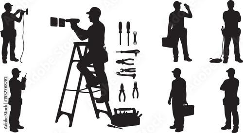 Worker Silhouettes and Hand Tools Vector Collection for Industry and Construction isolated PNG with Transparent Background