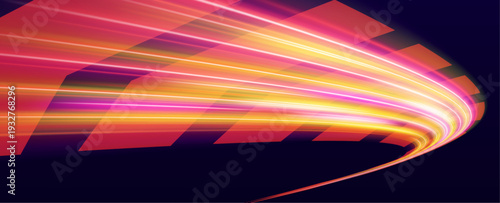 Multicolor speed trail arcs smoothly, leaving glowing luminous paths with tiny spark highlights. High-speed motion accent. vector