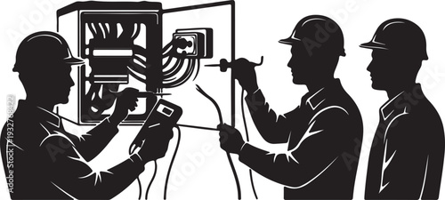 Professional Electricians Team Working on Electrical Panel Wiring Vector Graphic Silhouette isolated PNG with Transparent Background