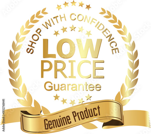 Low price guarantee logo with gold laurel wreath and ribbon