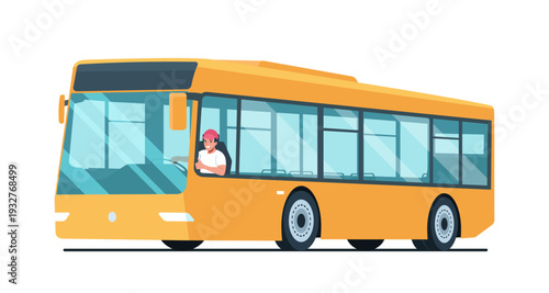 Bus with a cheerful driver at the wheel. Bus driver showing thumbs up gesture. Vector illustration.
