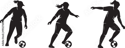 Set of three female soccer player silhouettes dribbling a football. Isolated vector graphic. isolated PNG with Transparent Background