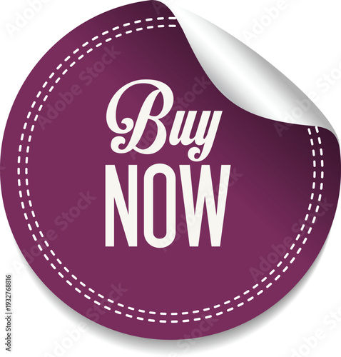A purple sticker with a buy now message