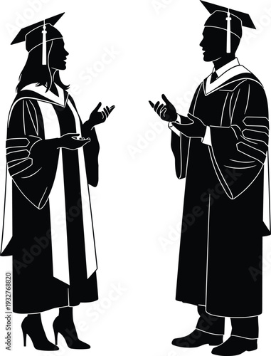 Graduation silhouettes of a male and female student in academic gowns and caps talking together for university commencement and education.
