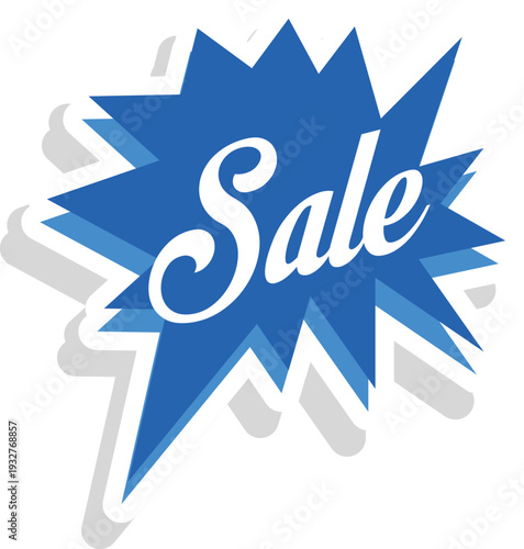 A blue starburst graphic with the word sale