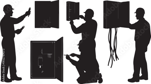 Set of Electrician Silhouettes Installing and Working on Electrical Panels, Isolated Vector Illustration isolated PNG with Transparent Background