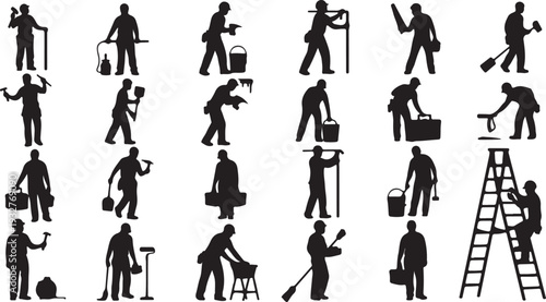 Vector set of diverse worker silhouettes. People performing various jobs and tasks with tools collection. isolated PNG with Transparent Background