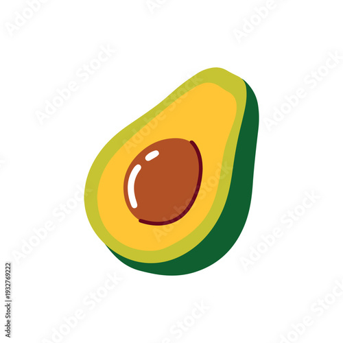 Ripe avocado half with large brown pit showing creamy green texture for nutritional infographics and organic beauty product branding