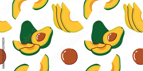 Seamless pattern featuring whole avocados and sliced pieces for healthy food branding organic cosmetic packaging and digital stationery.