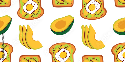 Seamless pattern with avocado toasts fried eggs and sliced fruit for cafe menu backgrounds kitchen textiles and breakfast themed products