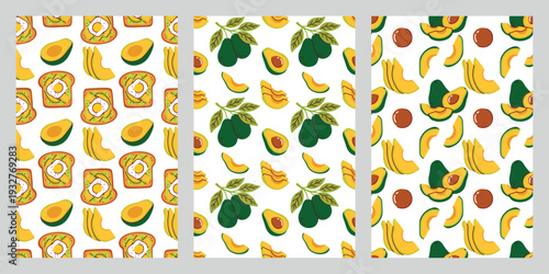 Collection of three seamless patterns with avocados toasts and eggs for organic branding kitchen decor and healthy food packaging design sets.