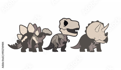 Cute Simplified Dinosaur Skeleton Characters Vector Illustration Isolated on White