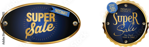 Two oval shaped sale signs with gold trim and text