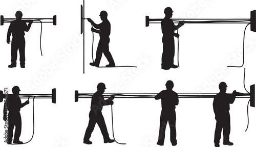 Set of Electrician Worker Silhouettes Installing Conduit Pipe Vector isolated PNG with Transparent Background