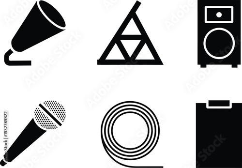 Audio equipment icon set, microphone, speaker, megaphone, amplifier, cable coil, sound system vector, music concert gear, broadcasting symbols, black silhouette collection

