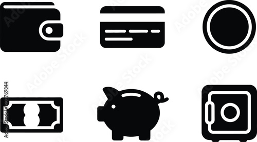 Wallet credit card coin money bill piggy bank and safe icon set bank card