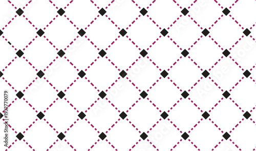 Pink diamonds on dashed black diagonal lines creating a geometric arrangement on transparent background, modern seamless texture for digital art and unique design projects