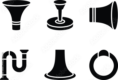 Collection of six black silhouette icons representing various funnel and horn shapes vector
