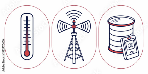 Illustrations of a thermometer, antenna, and database symbolizing iot connectivity.