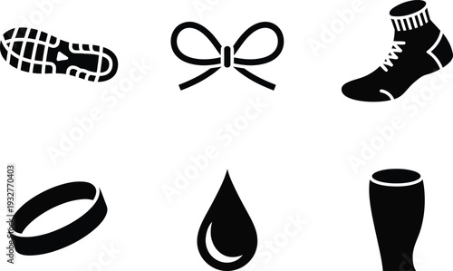 Shoe sole bow tie water drop and glass icons on white background Keywords: shoe sole, shoe tread