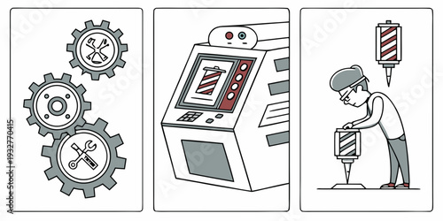 A man is using a vending machine while a gear mechanism is visible.