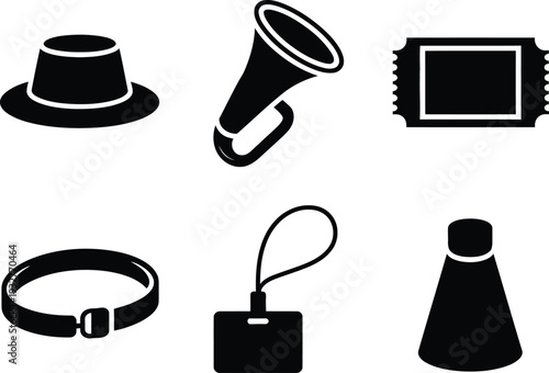 Six black icons for events and accessories on white background horn ticket