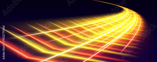 Fotografie Multicolor speed trail twists swiftly across the scene, leaving glowing curved trails and subtle spark highlights