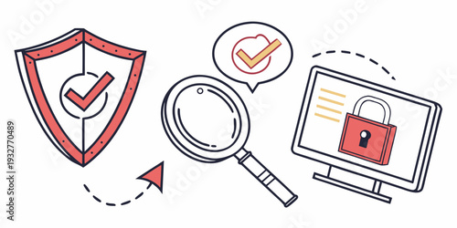 A magnifying glass examining a computer screen with a security shield and checkmark.