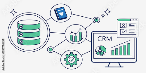 Illustration of a data management system with database, analytics, and crm integration