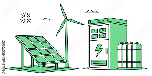Illustration of renewable energy sources including solar panels and wind turbines.