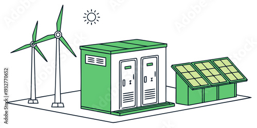 A wind turbine, solar panels, and a battery storage system on a sunny day.