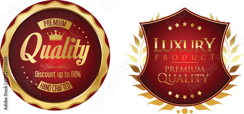 Luxury product quality labels with gold accents and red background