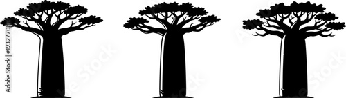 Three stylized black baobab trees in a row on a white background