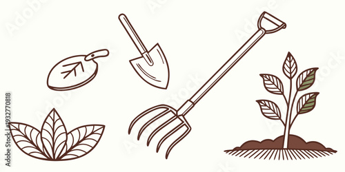 A collection of gardening tools and a growing plant in a simple line art style