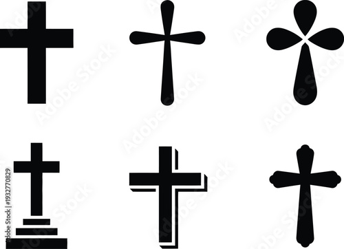 Six black silhouette icons of various Christian crosses crucifix religious symbol