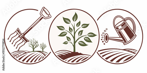 Illustration of gardening tools and a plant representing growth and care