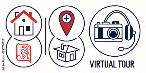 Icons representing virtual tours, real estate, and property viewing