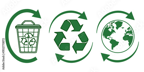 Three green arrows pointing to a trash can, recycling symbol, and globe