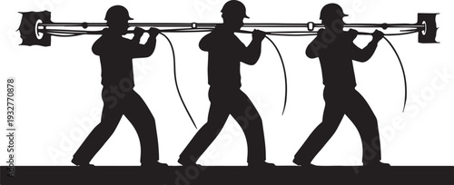 Three Utility Workers Silhouettes Carrying a Cable Pole isolated PNG with Transparent Background