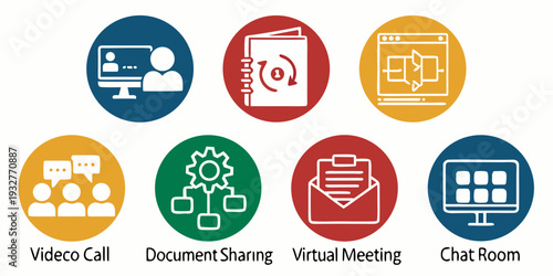 Colorful icons representing various types of remote communication and collaboration tools