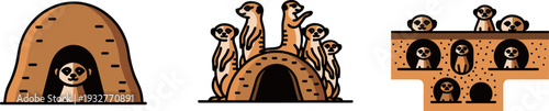 Cute meerkat family illustrations showing different burrow and social behaviors