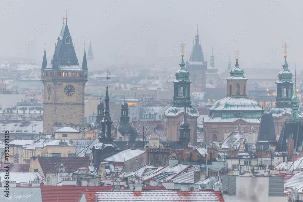 Fototapeta premium Winter view of Prague towers from Letná Gardens (Old Town Tower, National Museum, Týn Church..) capital city Czech Republic